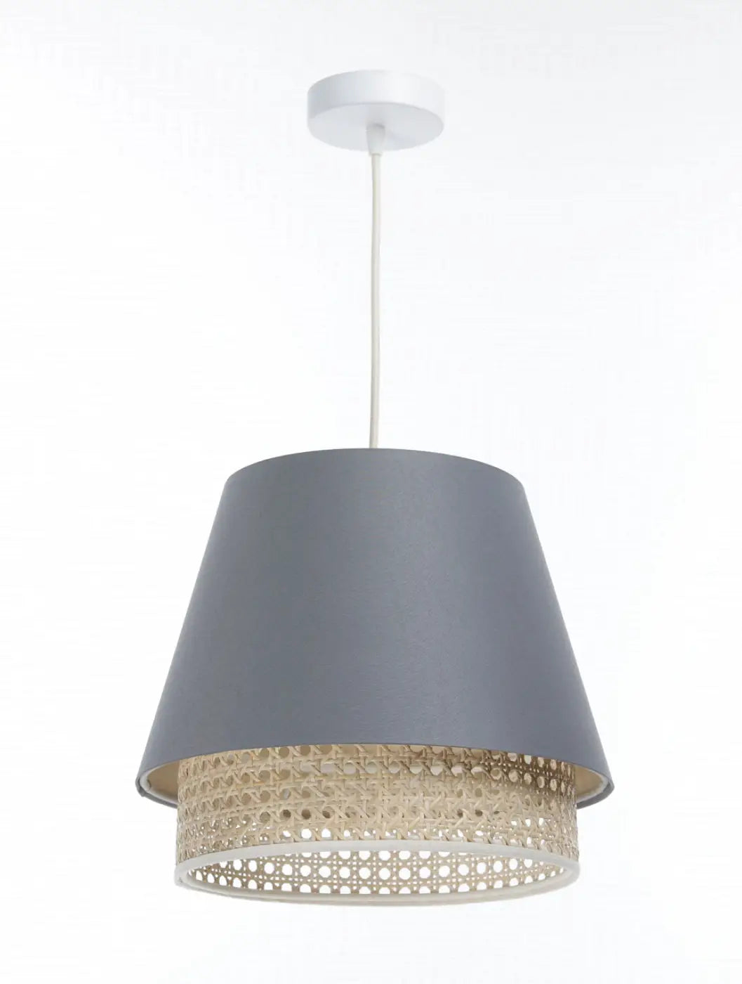 Suspension bleu gris moderne avec abat-jour en rotin