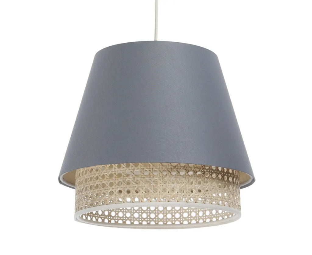 Suspension bleu gris moderne avec abat-jour en rotin