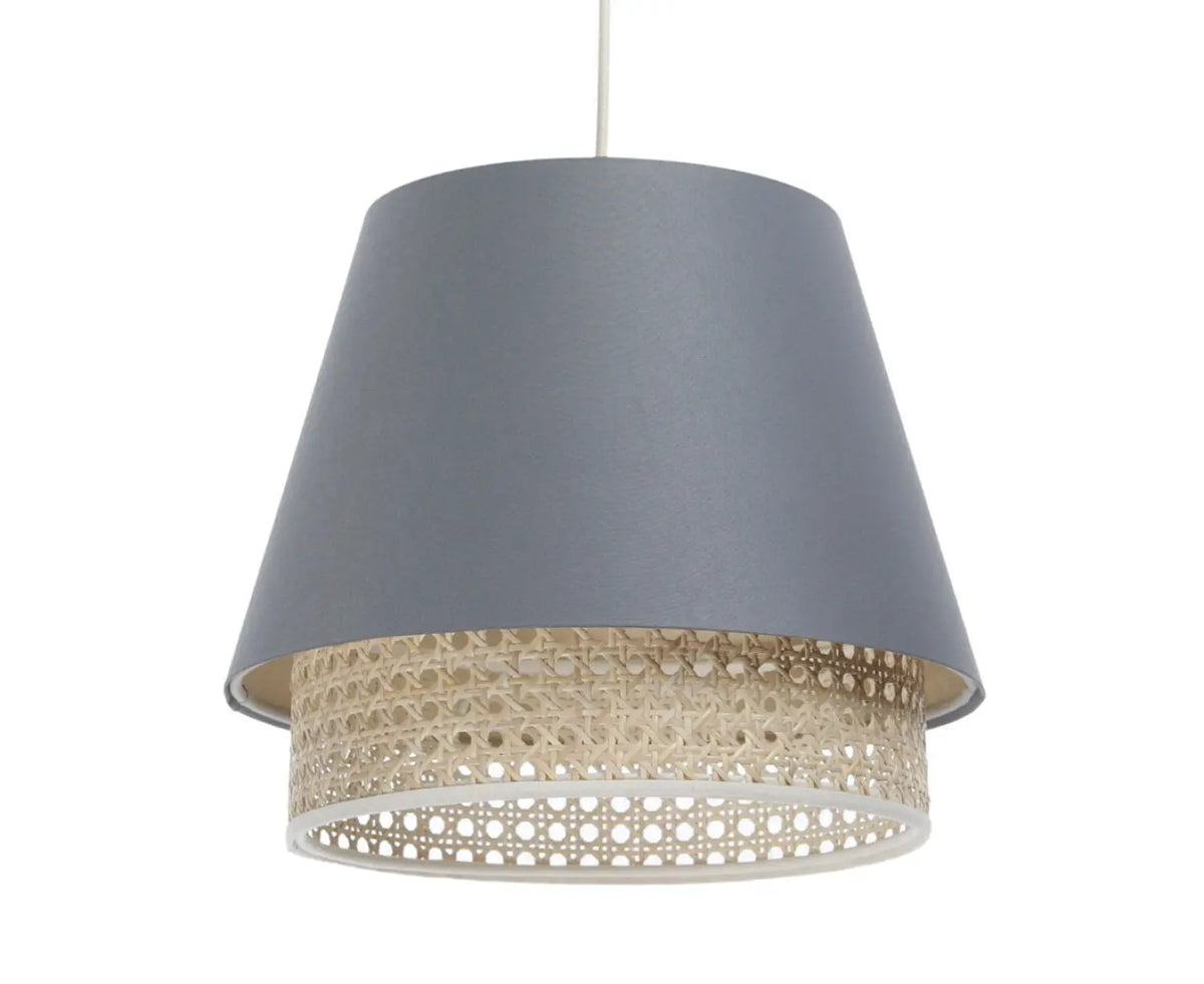 Suspension bleu gris moderne avec abat-jour en rotin