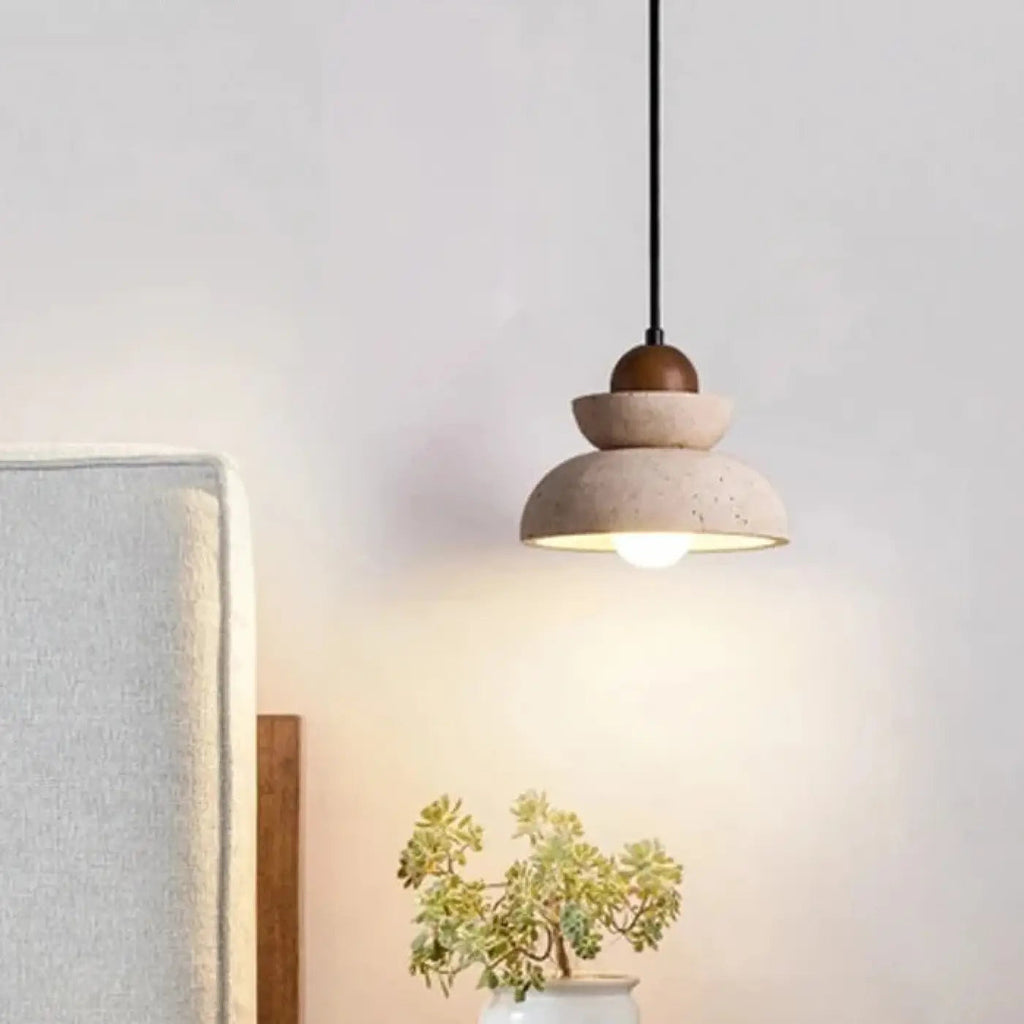 Suspension épurée bois et pierre, blanc chaud ou blanc froid