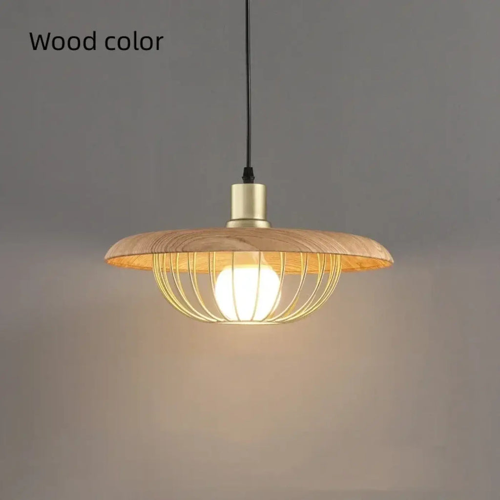 Suspension à abat-jour rond, bois et métal doré, quatre coloris