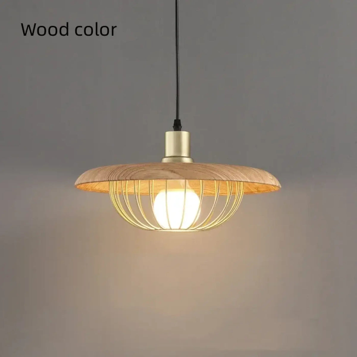 Suspension à abat-jour rond, bois et métal doré, quatre coloris