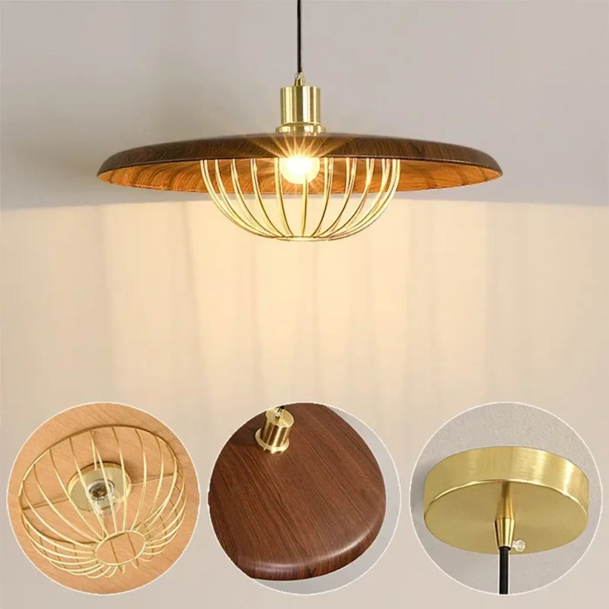 Suspension à abat-jour rond, bois et métal doré, quatre coloris