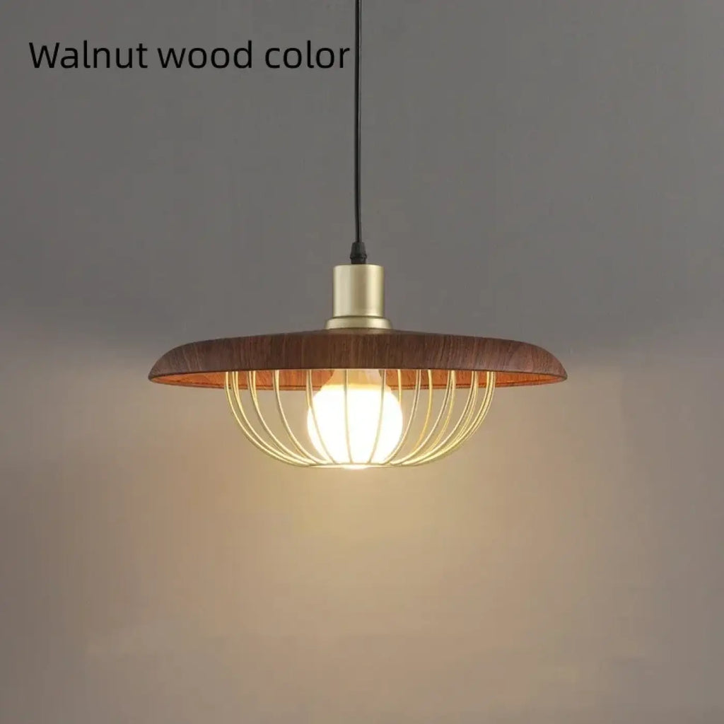 Suspension à abat-jour rond, bois et métal doré, quatre coloris