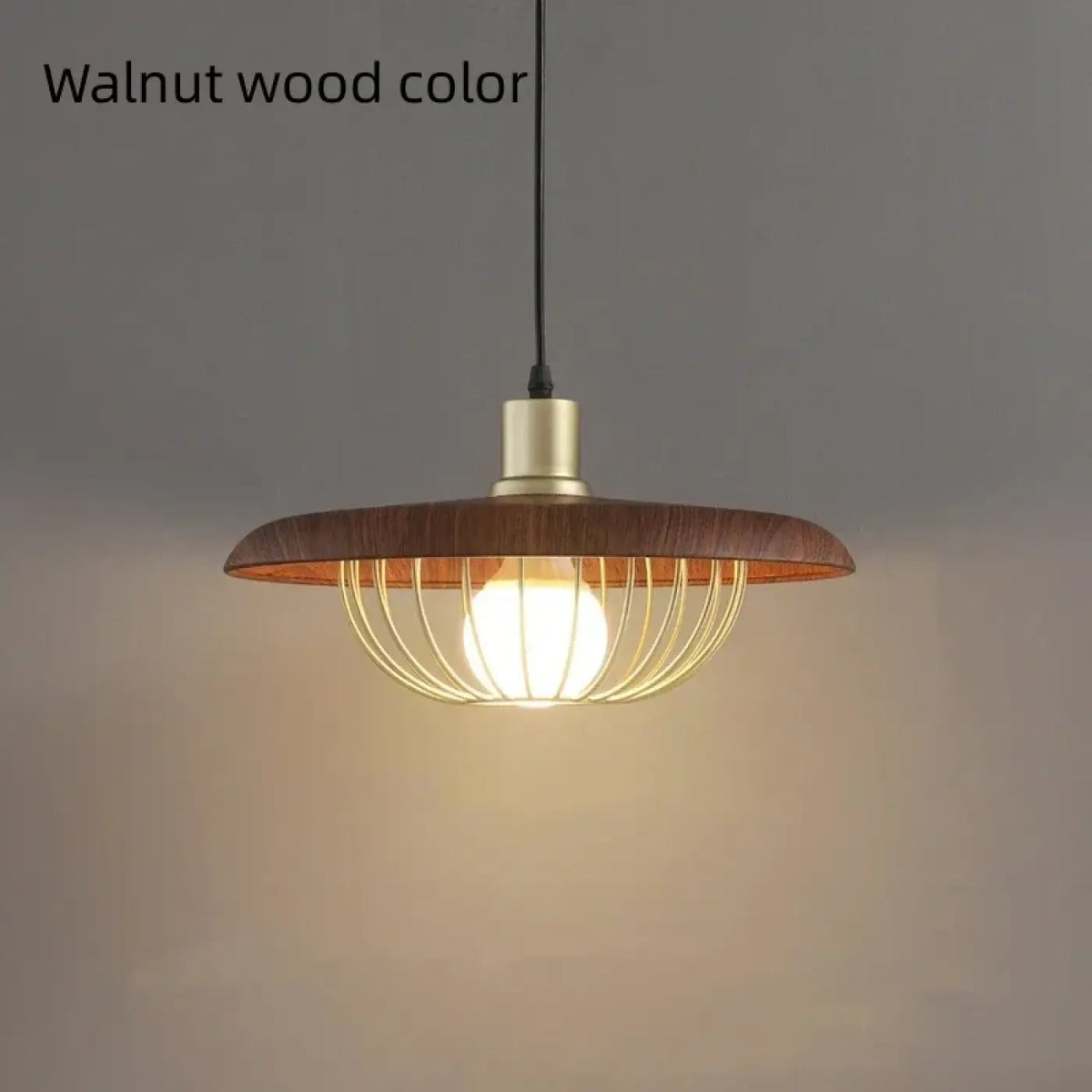 Suspension à abat-jour rond, bois et métal doré, quatre coloris