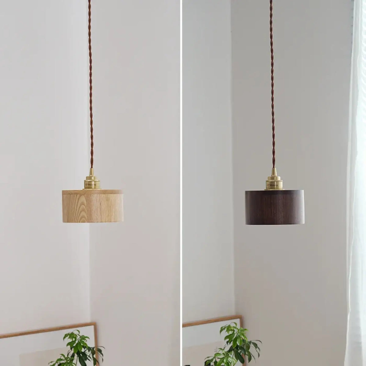 Suspension en bois de noyer et cuivre, ligne minimaliste