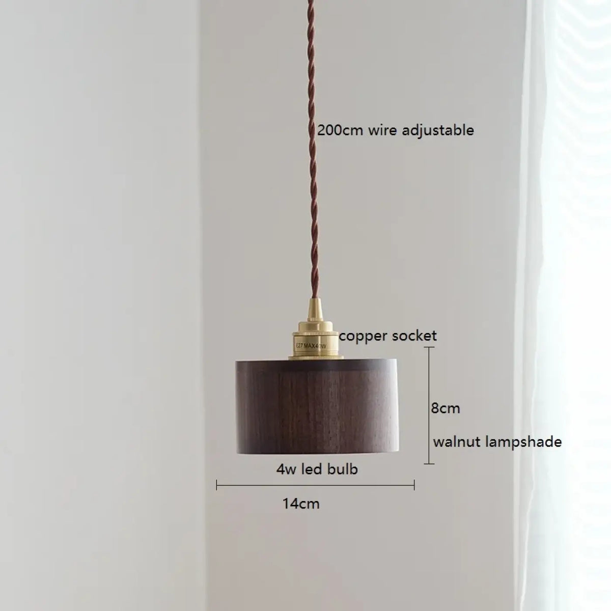Suspension en bois de noyer et cuivre, ligne minimaliste