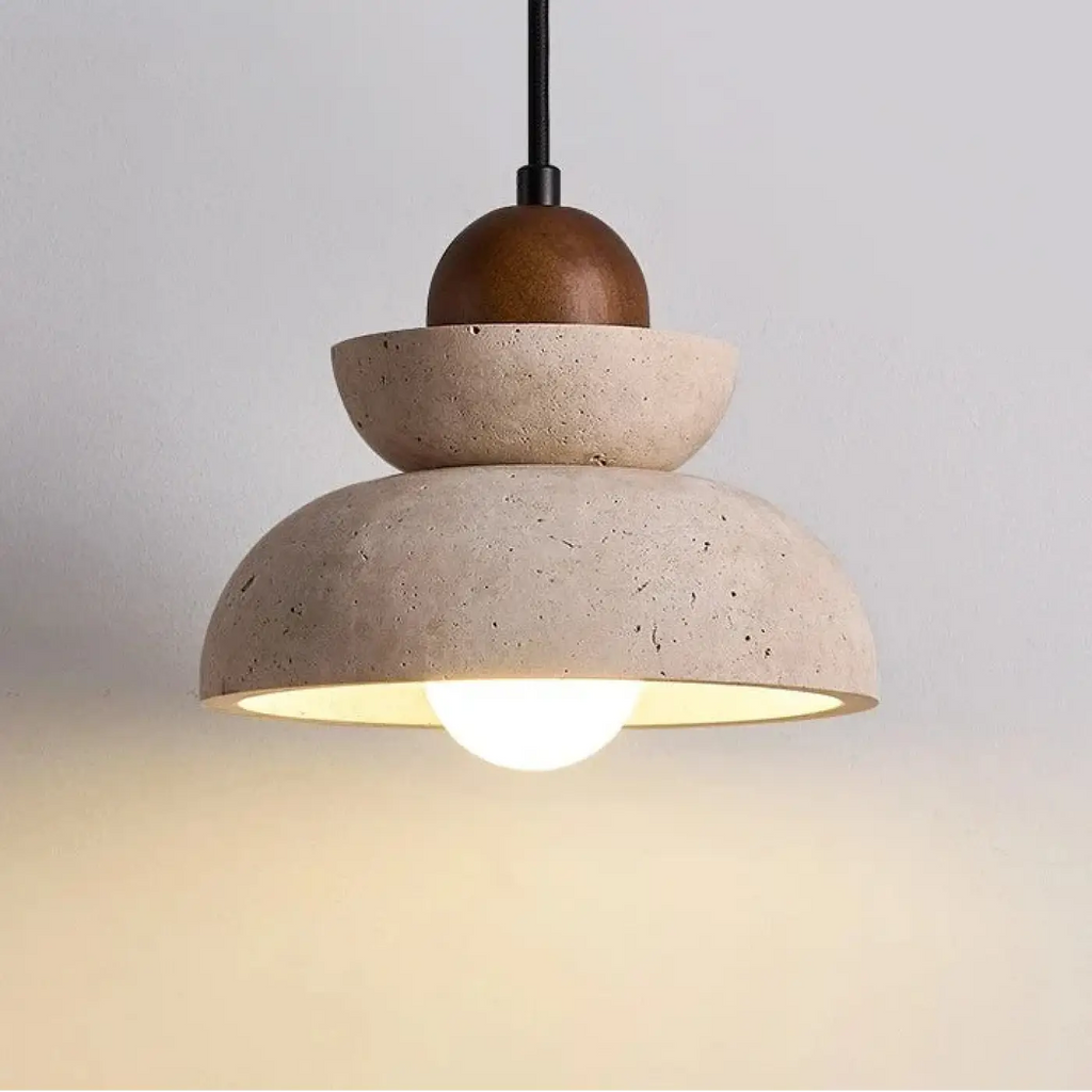Suspension épurée bois et pierre, blanc chaud ou blanc froid