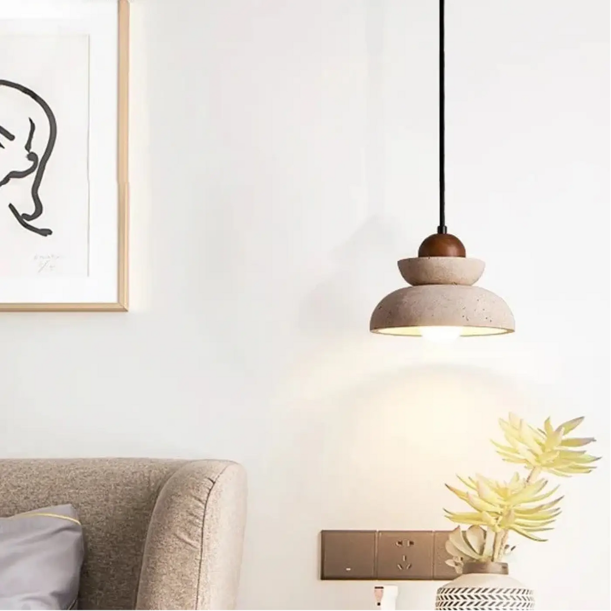 Suspension épurée bois et pierre, blanc chaud ou blanc froid
