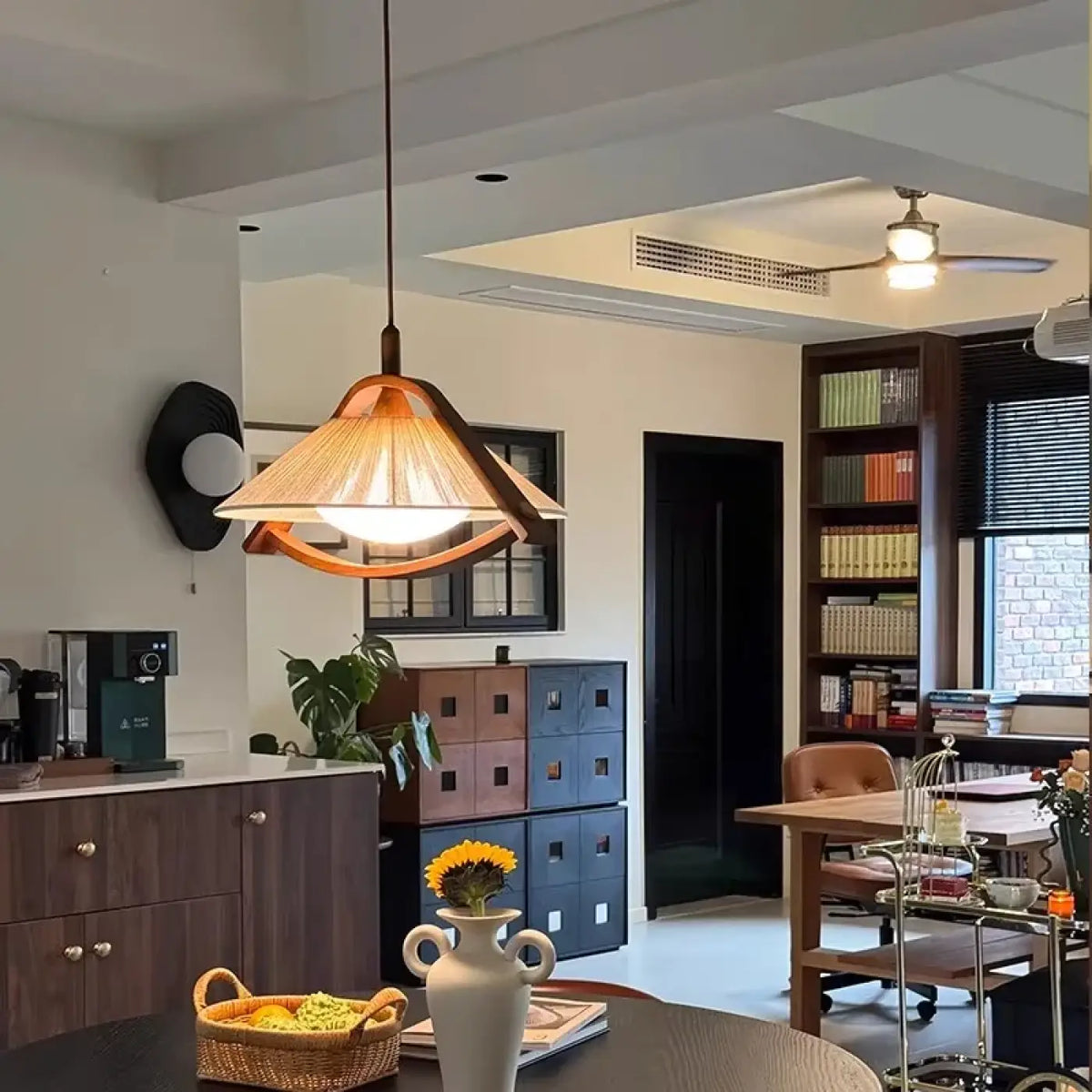 Suspension vintage en bois et tissu, quatre choix de lumière