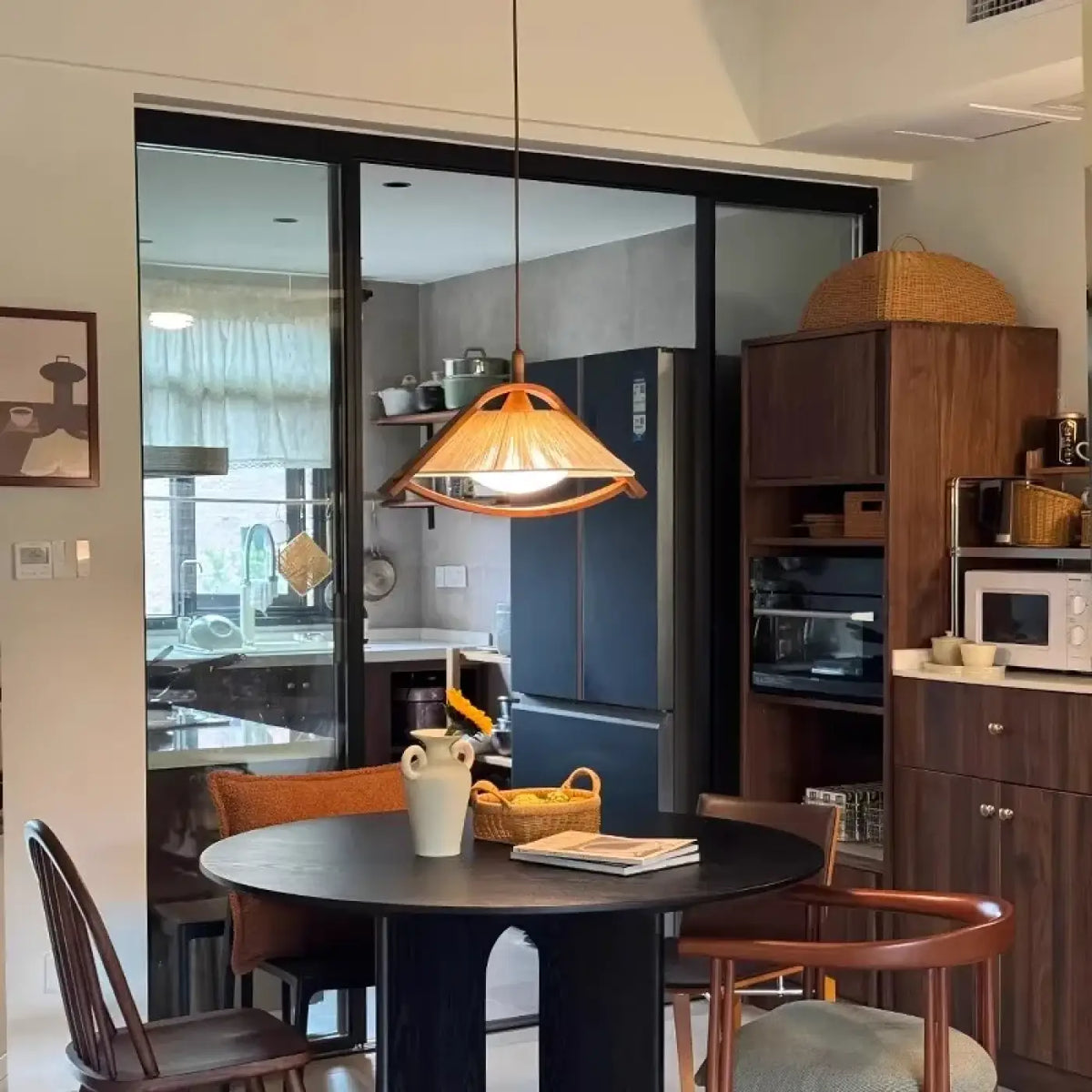 Suspension vintage en bois et tissu, quatre choix de lumière