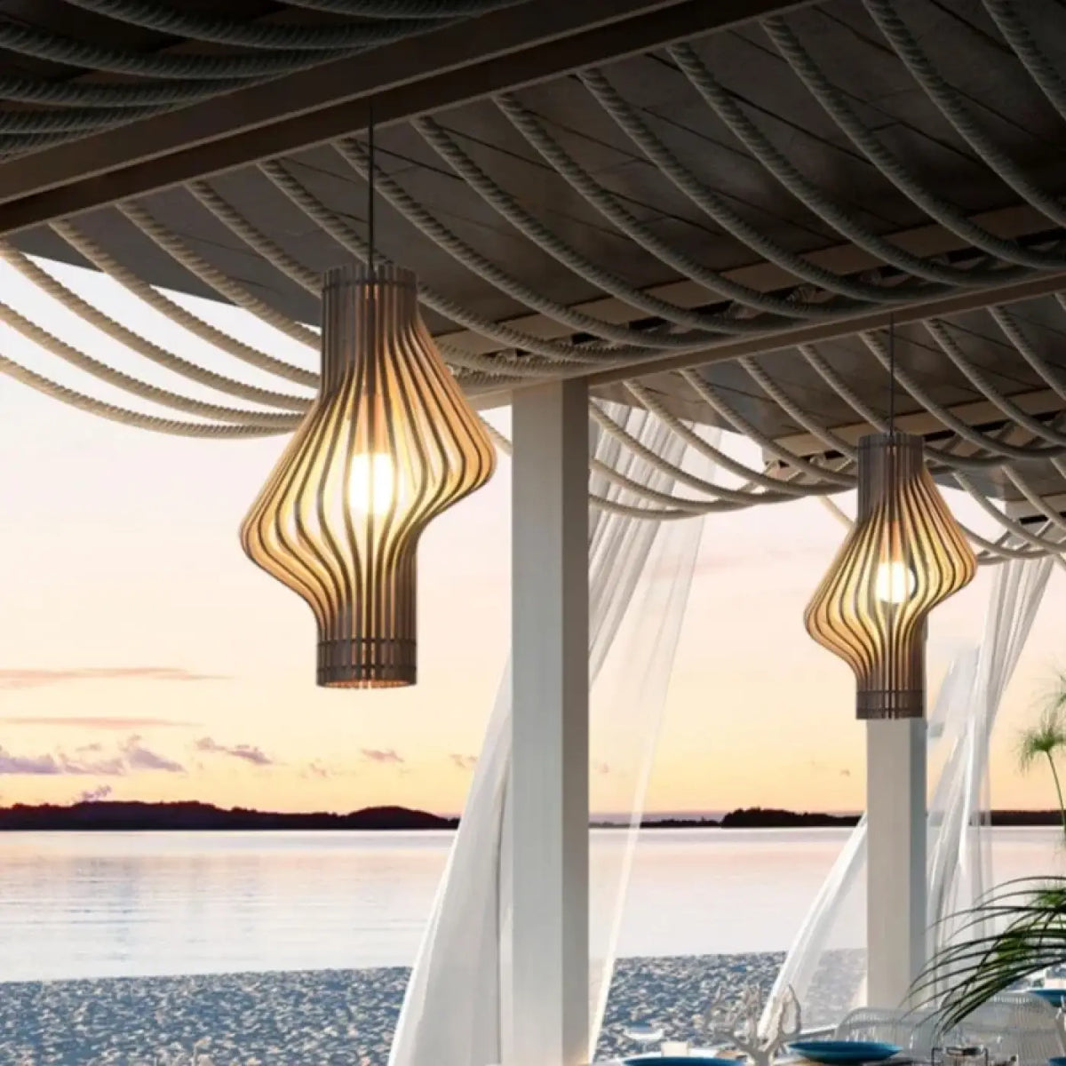 Suspension en bois tressé, beige ou noir, lumière réglable, beige