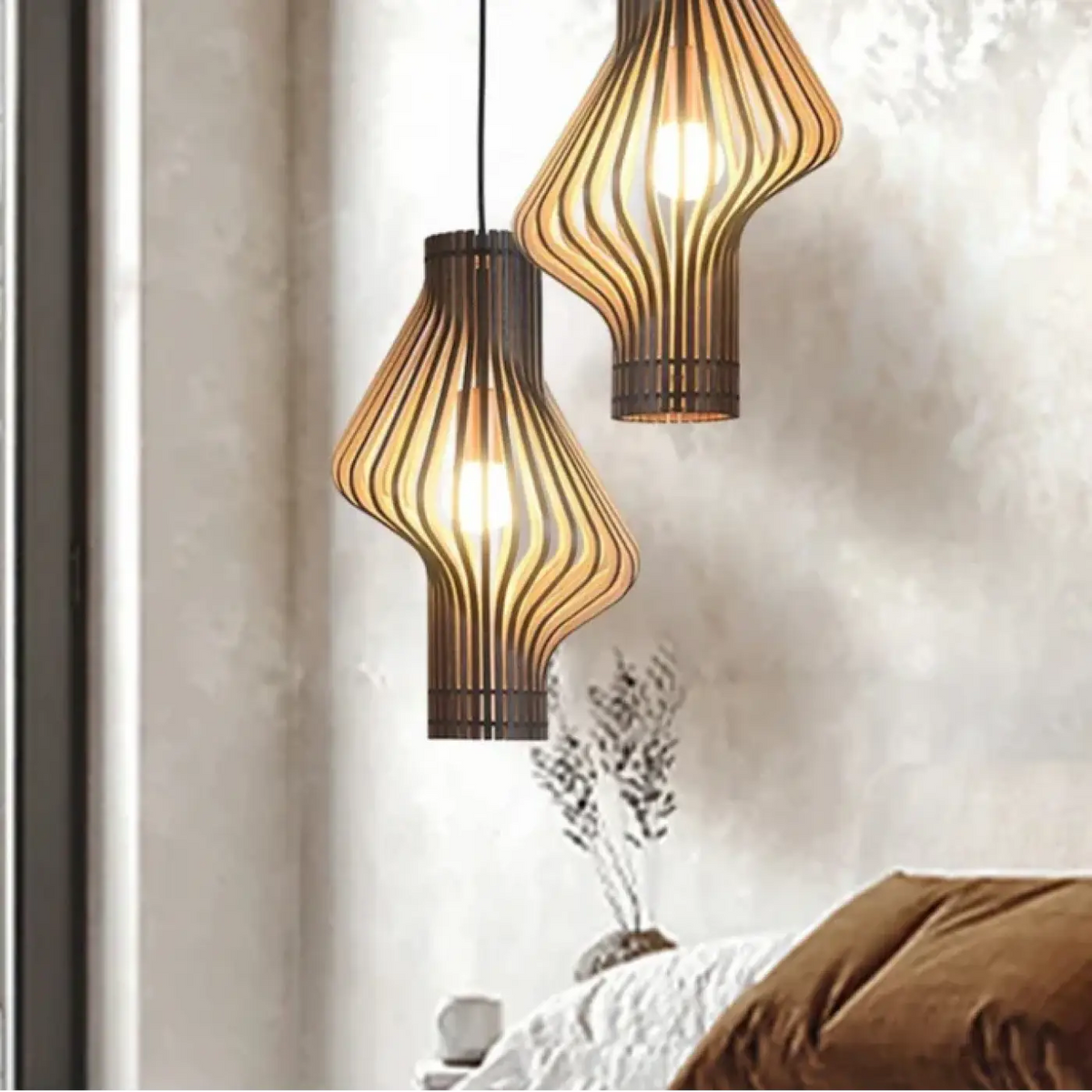 Suspension en bois tressé, beige ou noir, lumière réglable