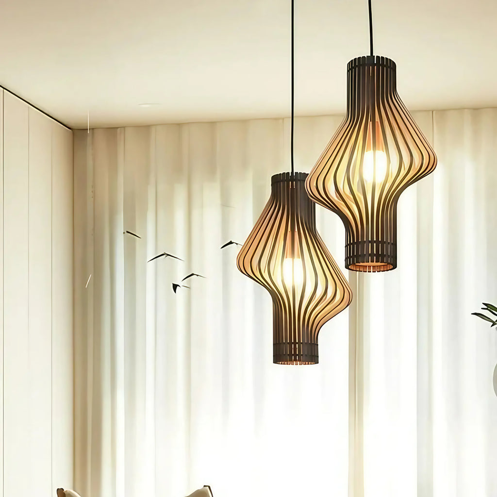 Suspension en bois tressé, beige ou noir, lumière réglable