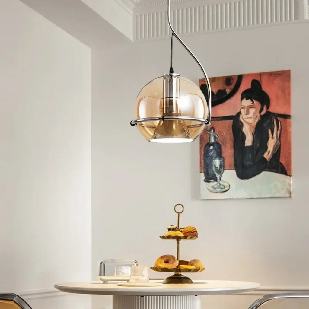 Suspension boule en verre marron avec spot LED argenté