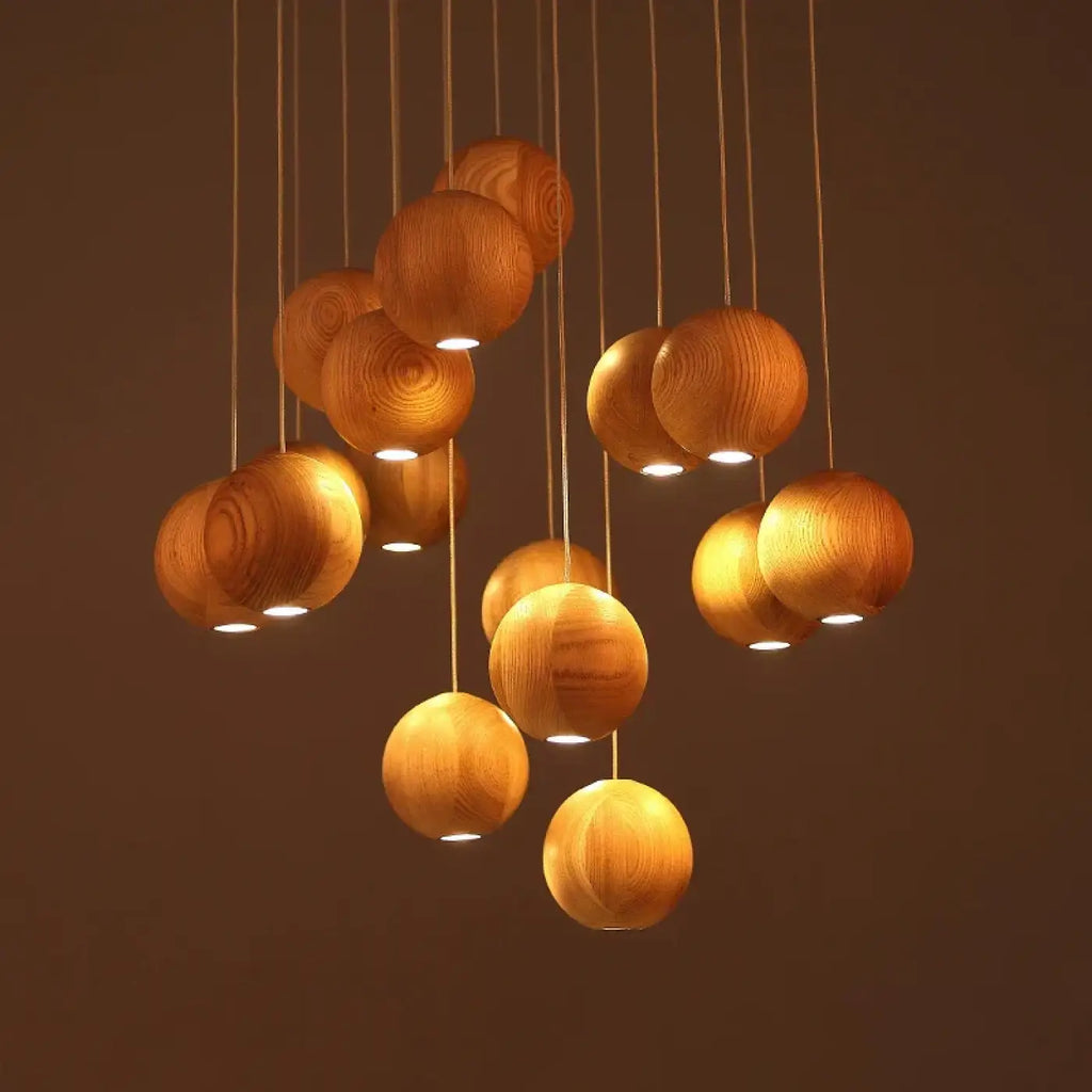 Suspension à boules en bois marron, blanc chaud ou froid