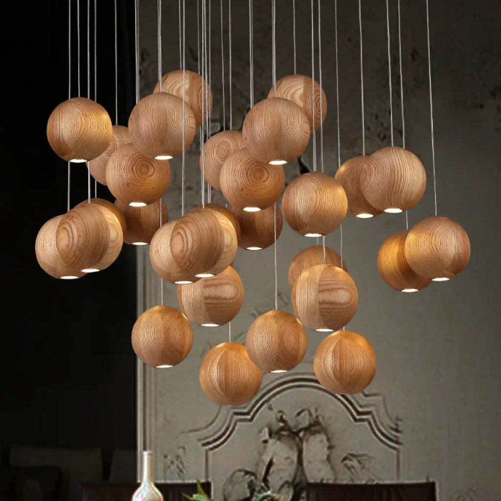 Suspension à boules en bois marron, blanc chaud ou froid