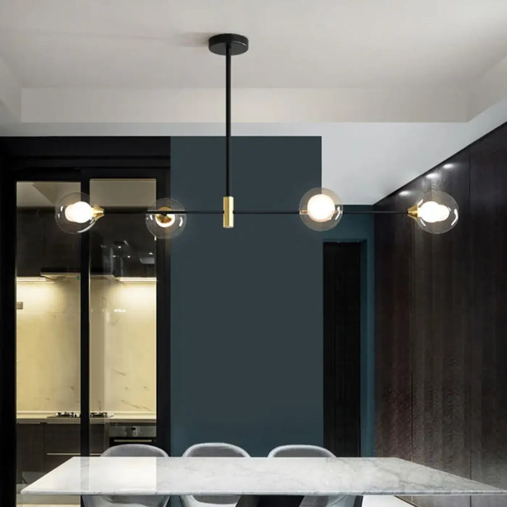 Suspension à boules de verre et structure noire, 3 ou 4 lumières