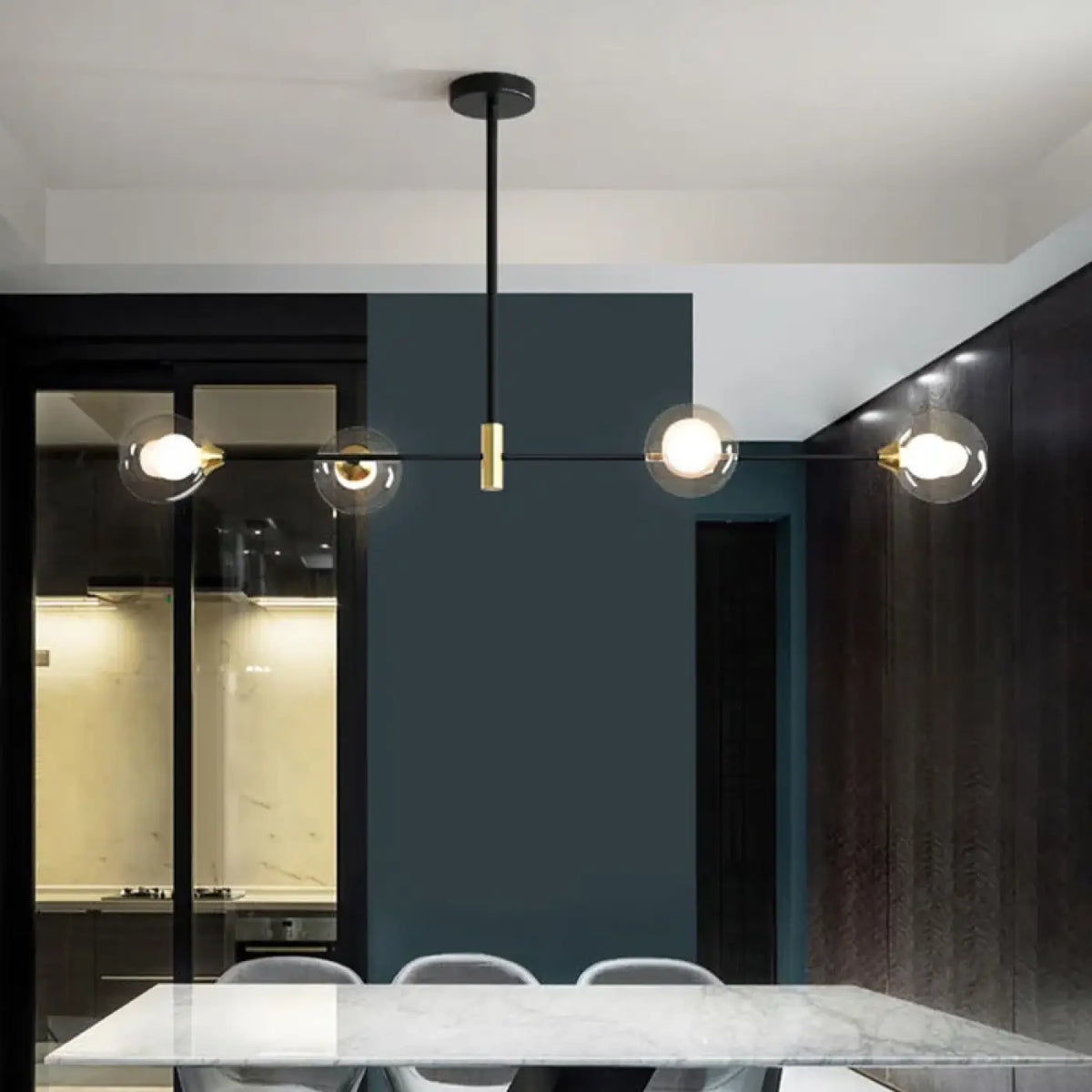 Suspension à boules de verre et structure noire, 3 ou 4 lumières