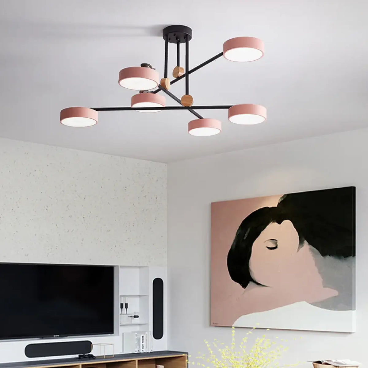 Suspension chic en métal et bois, jaune, gris ou rose, rose