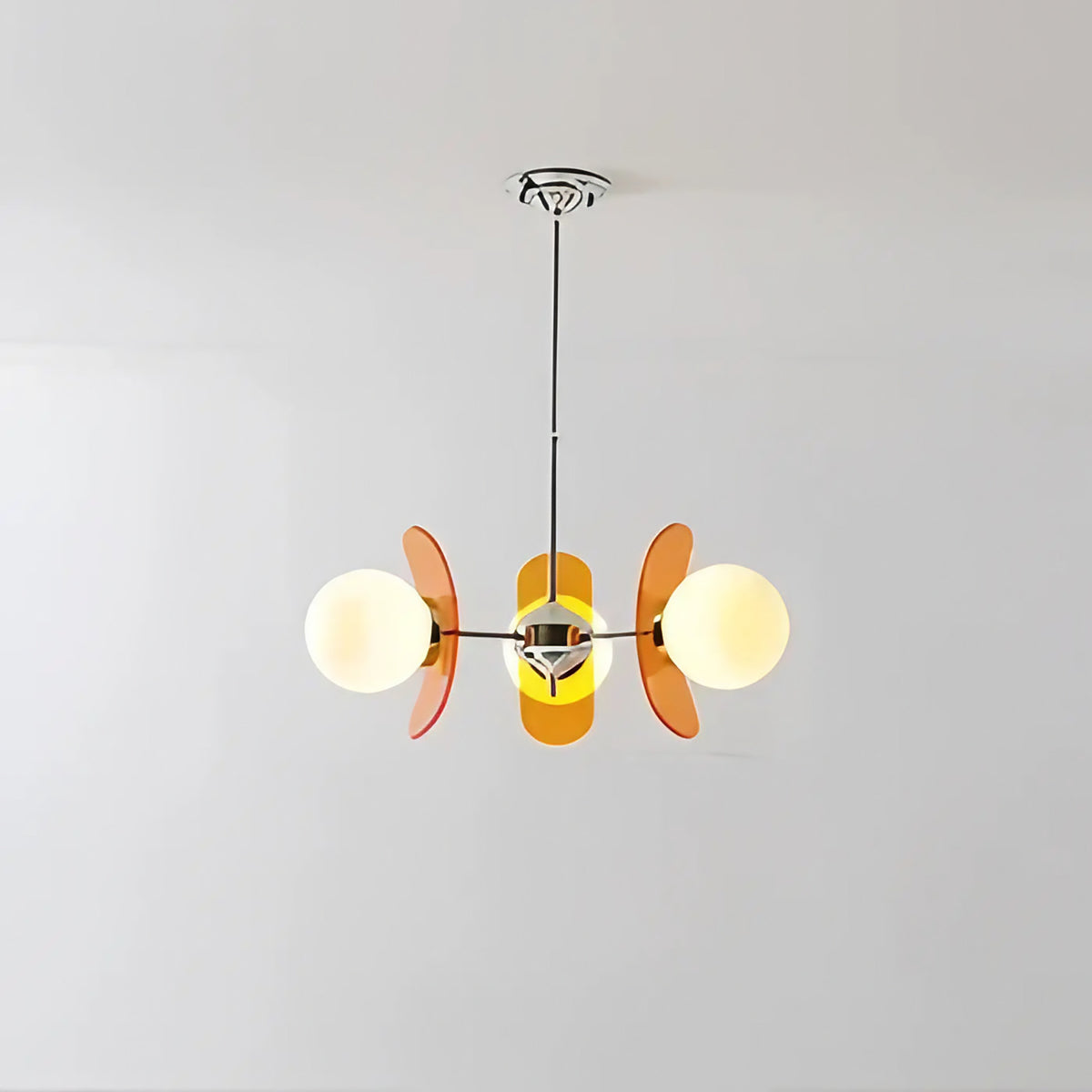 Suspension à globes opalins et panneaux ambrés, quatre tailles, orange