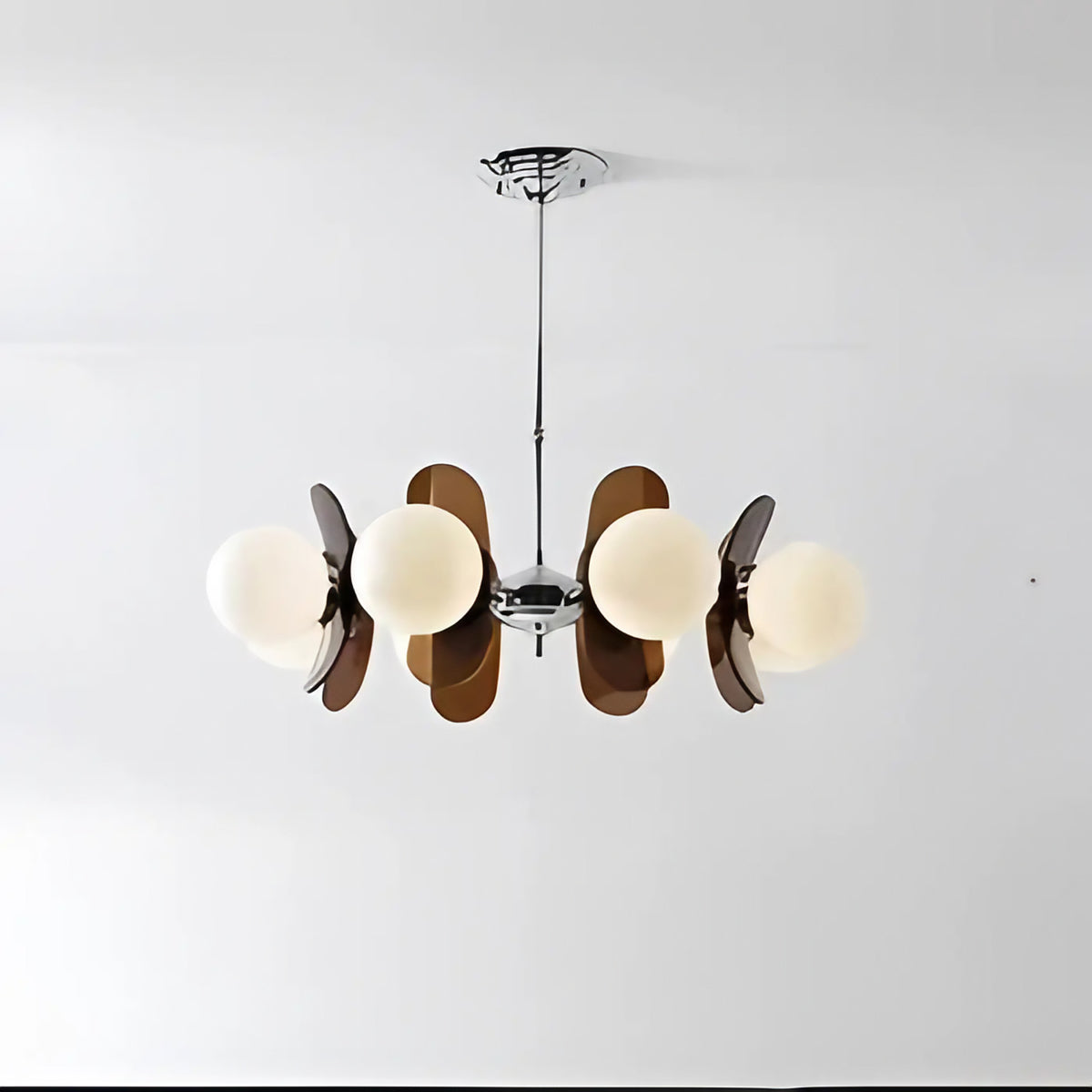 Suspension à globes opalins et panneaux ambrés, quatre tailles, marron