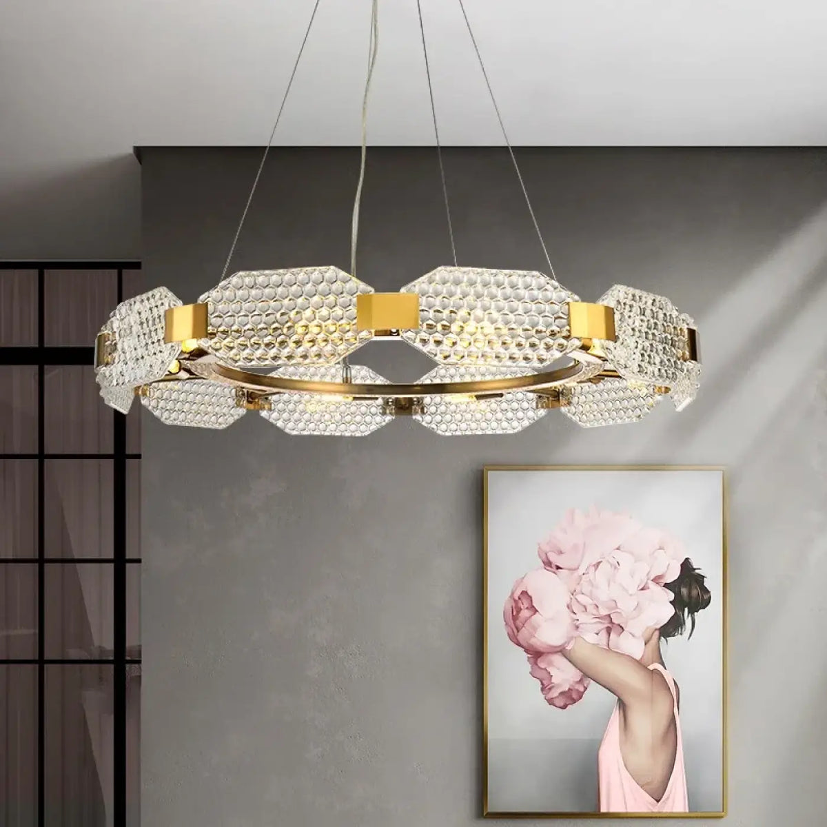 Suspension anneau en cristal et laiton, trois tailles S, M, L