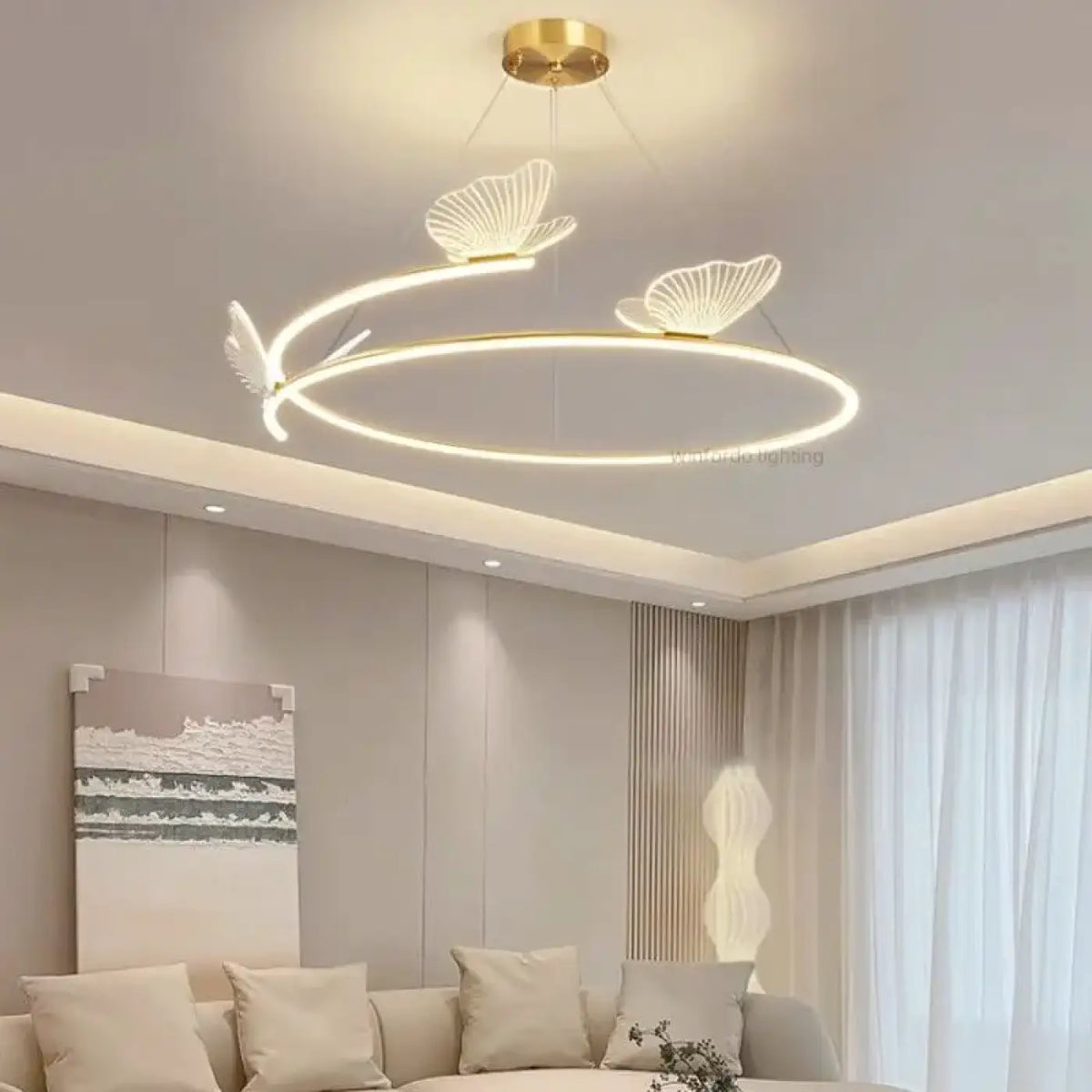 Suspension anneau LED à trois papillons dorés, tailles S, M, L
