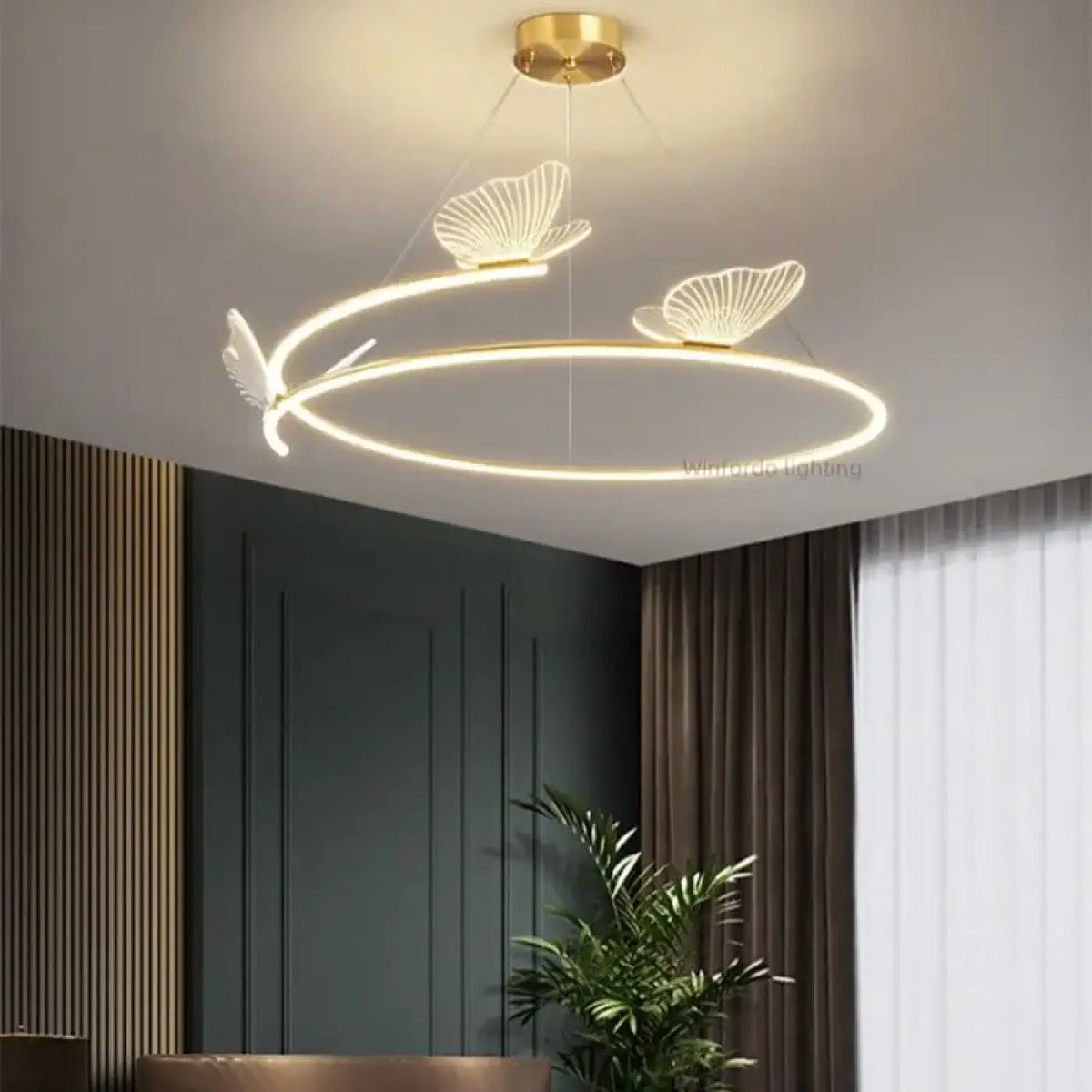 Suspension anneau LED à trois papillons dorés, tailles S, M, L
