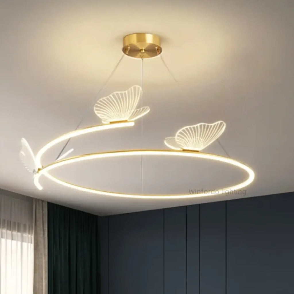 Suspension anneau LED à trois papillons dorés, tailles S, M, L