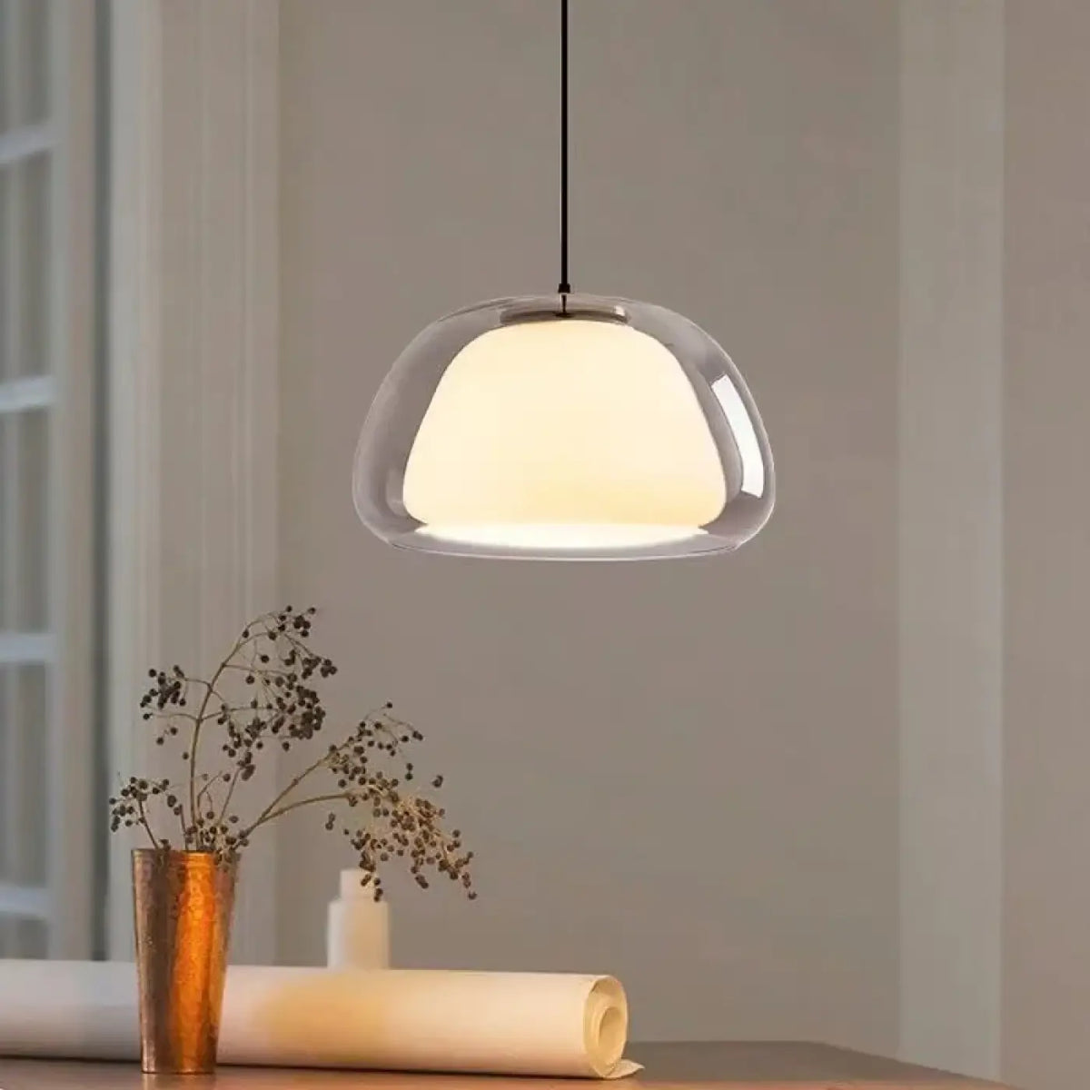 Suspension en verre transparent et blanc, blanc chaud ou froid