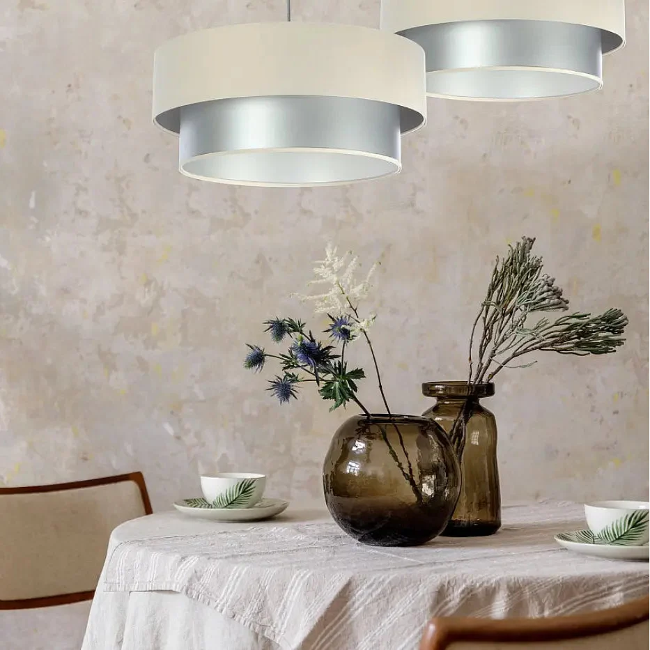 Suspension cylindre en tissu crème et argent, tailles S, M et L