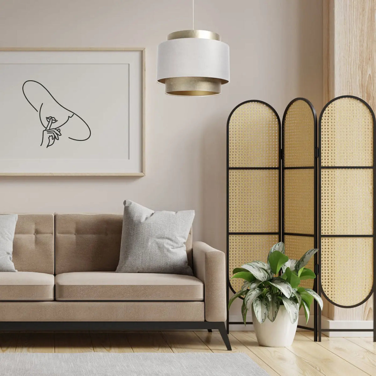 Suspension double cylindre en tissu crème et doré