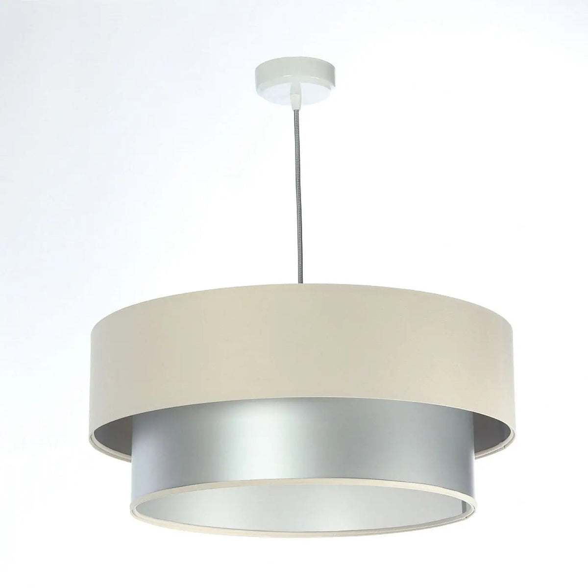Suspension cylindre en tissu crème et argent, tailles S, M et L