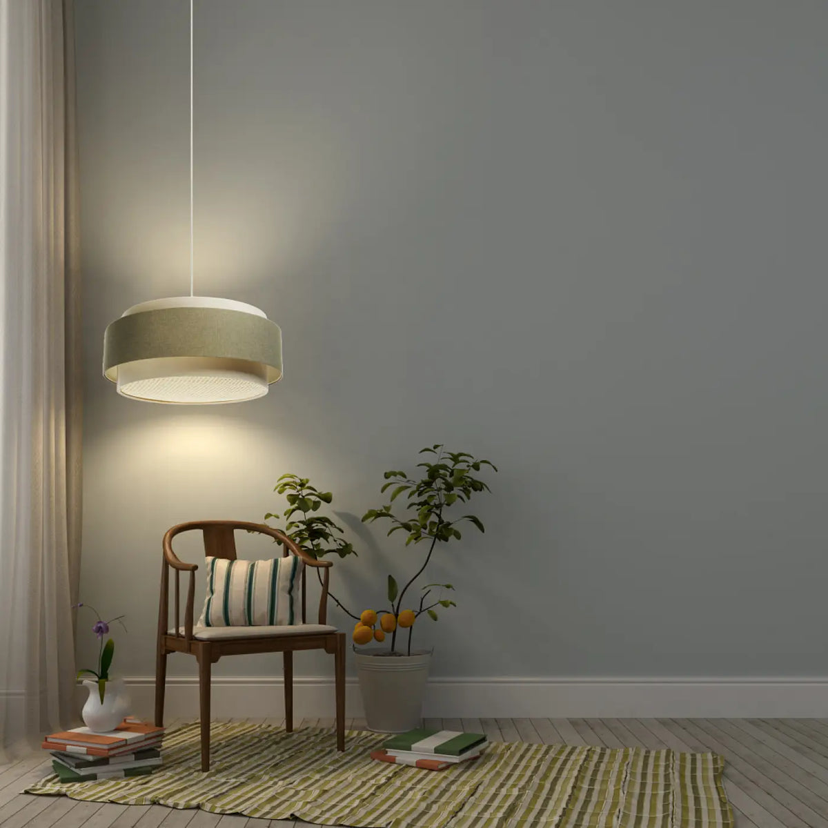 Suspension luminaire crème, olive et écru, style moderne chic