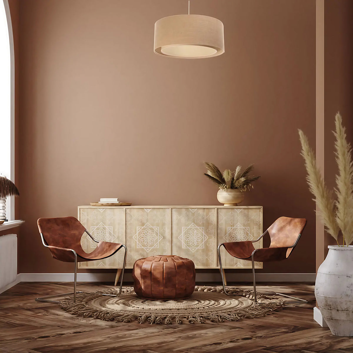 Suspension cylindrique en tissu beige et écru, style bohème, S à L