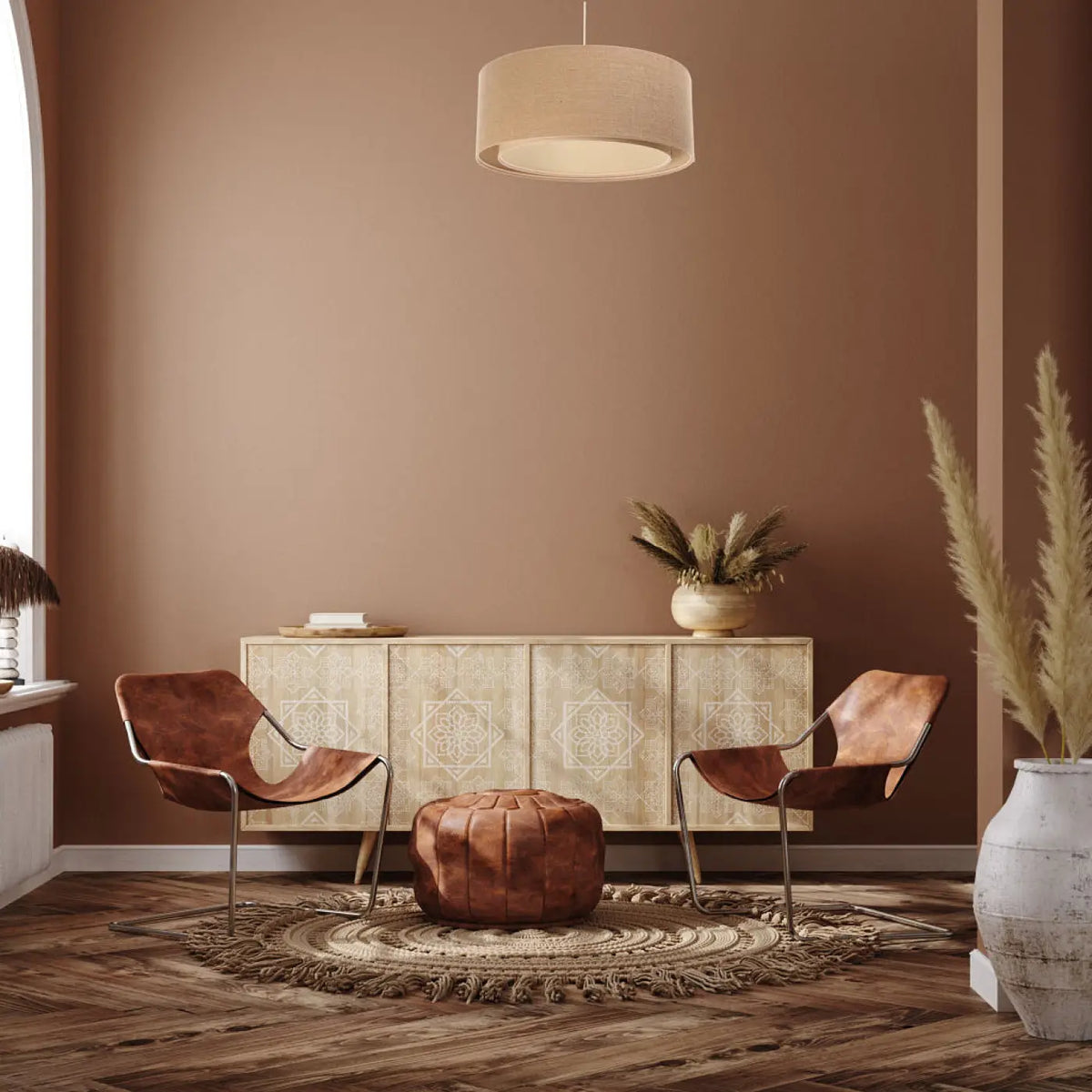 Suspension cylindrique en tissu beige et écru, style bohème, S à L