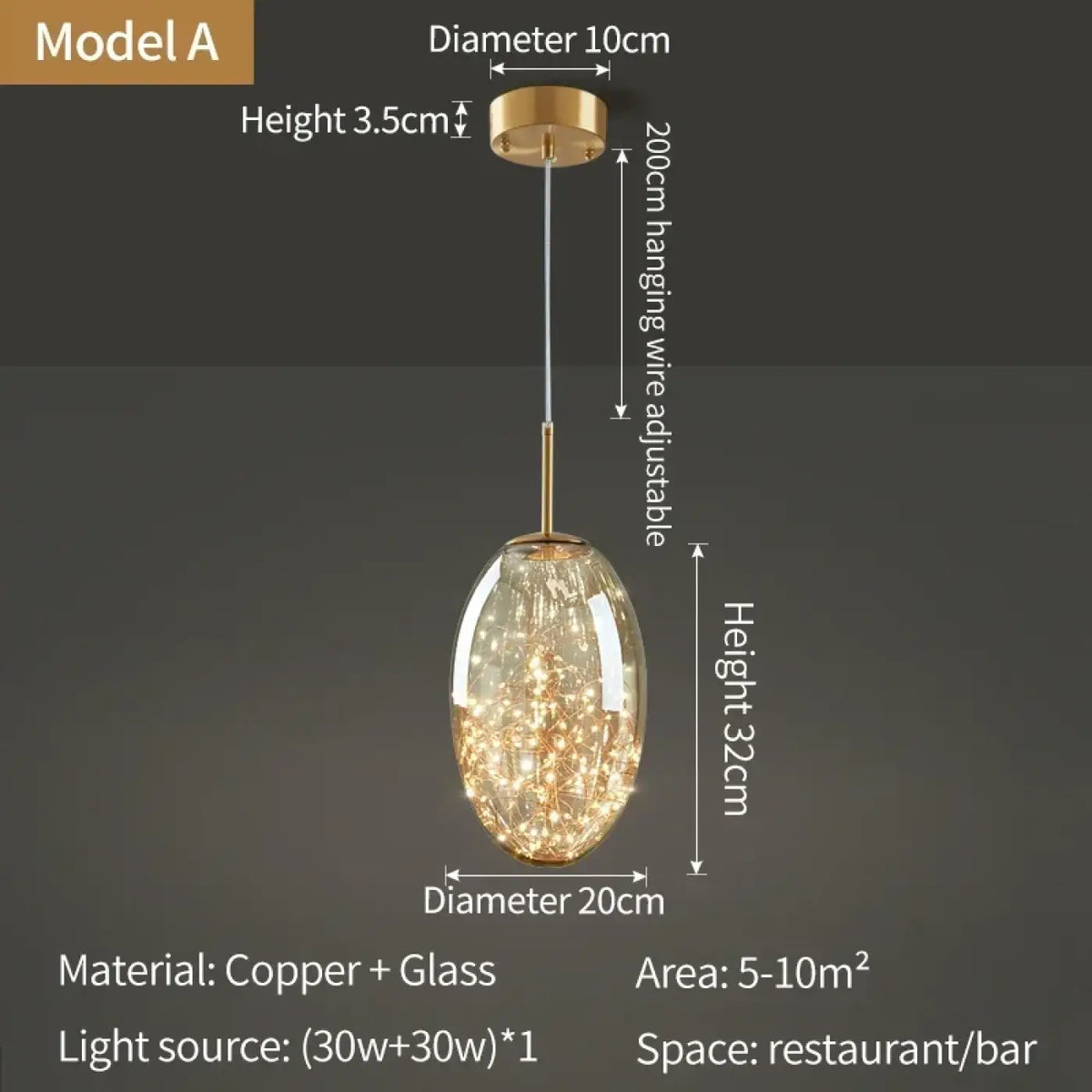 Suspension cuivre et verre, transparent ou ambre, six modèles