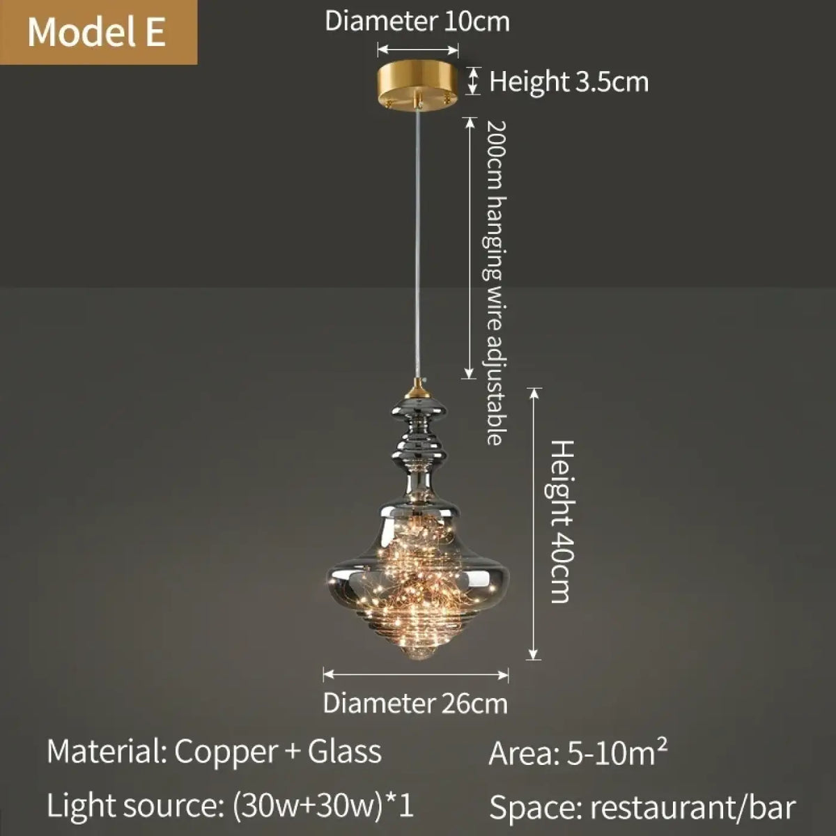 Suspension cuivre et verre, transparent ou ambre, six modèles