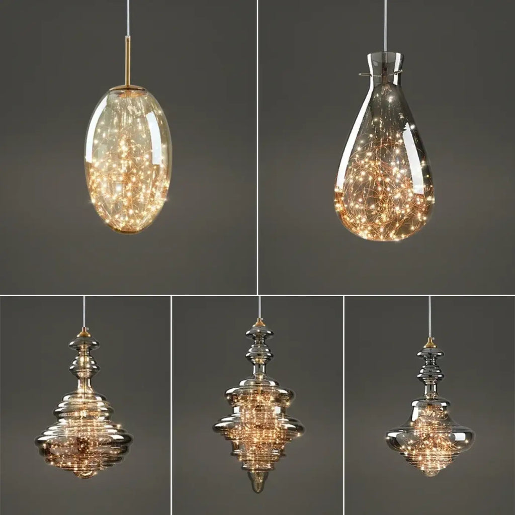 Suspension cuivre et verre, transparent ou ambre, six modèles