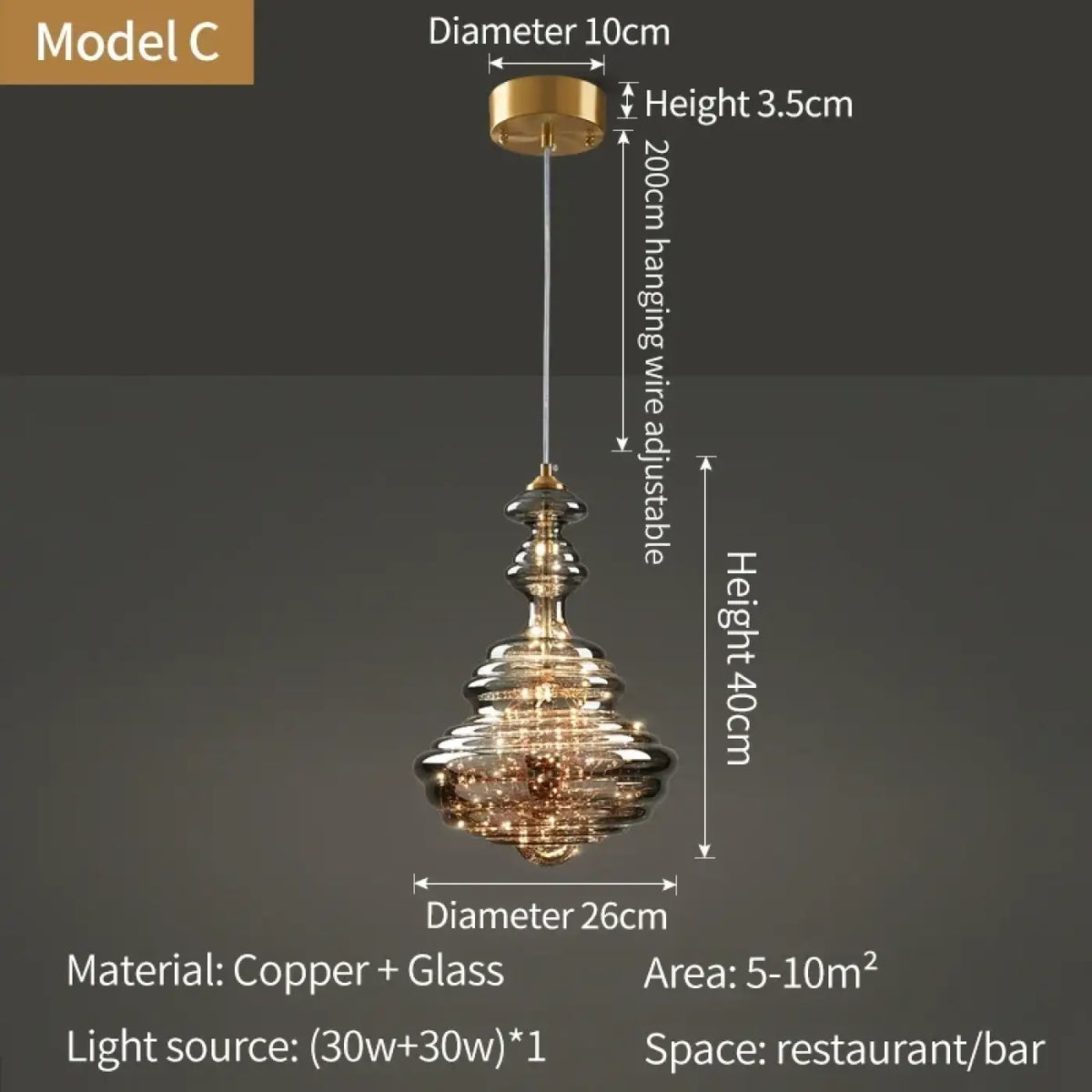 Suspension cuivre et verre, transparent ou ambre, six modèles