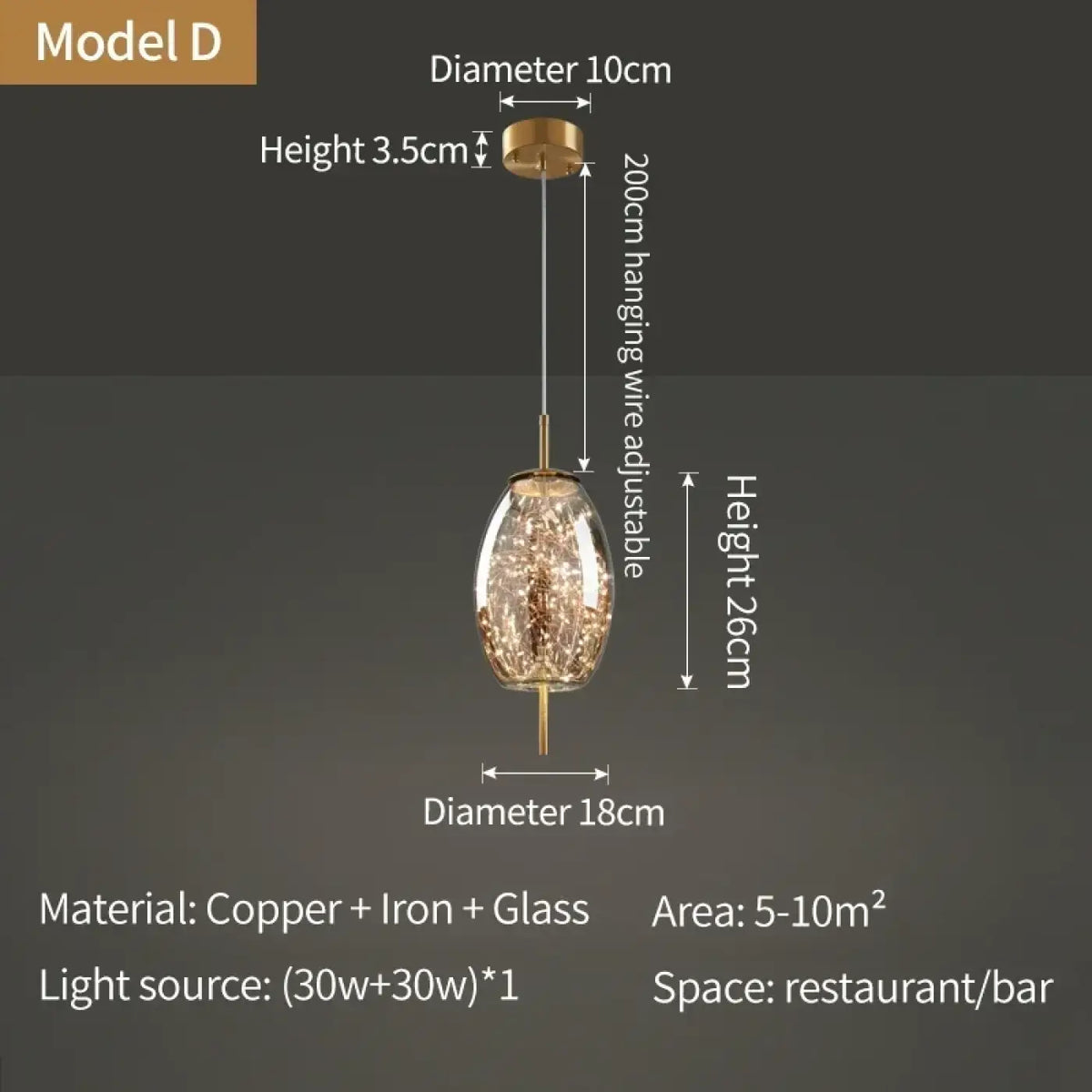 Suspension cuivre et verre, transparent ou ambre, six modèles
