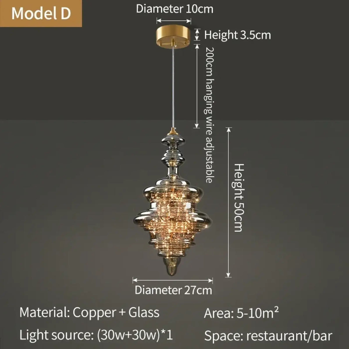 Suspension cuivre et verre, transparent ou ambre, six modèles