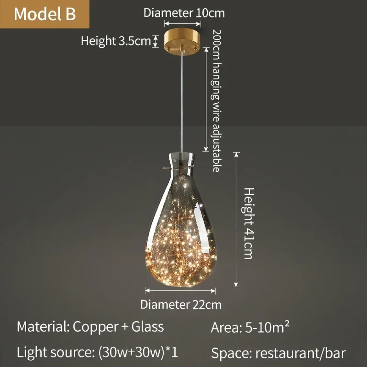 Suspension cuivre et verre, transparent ou ambre, six modèles