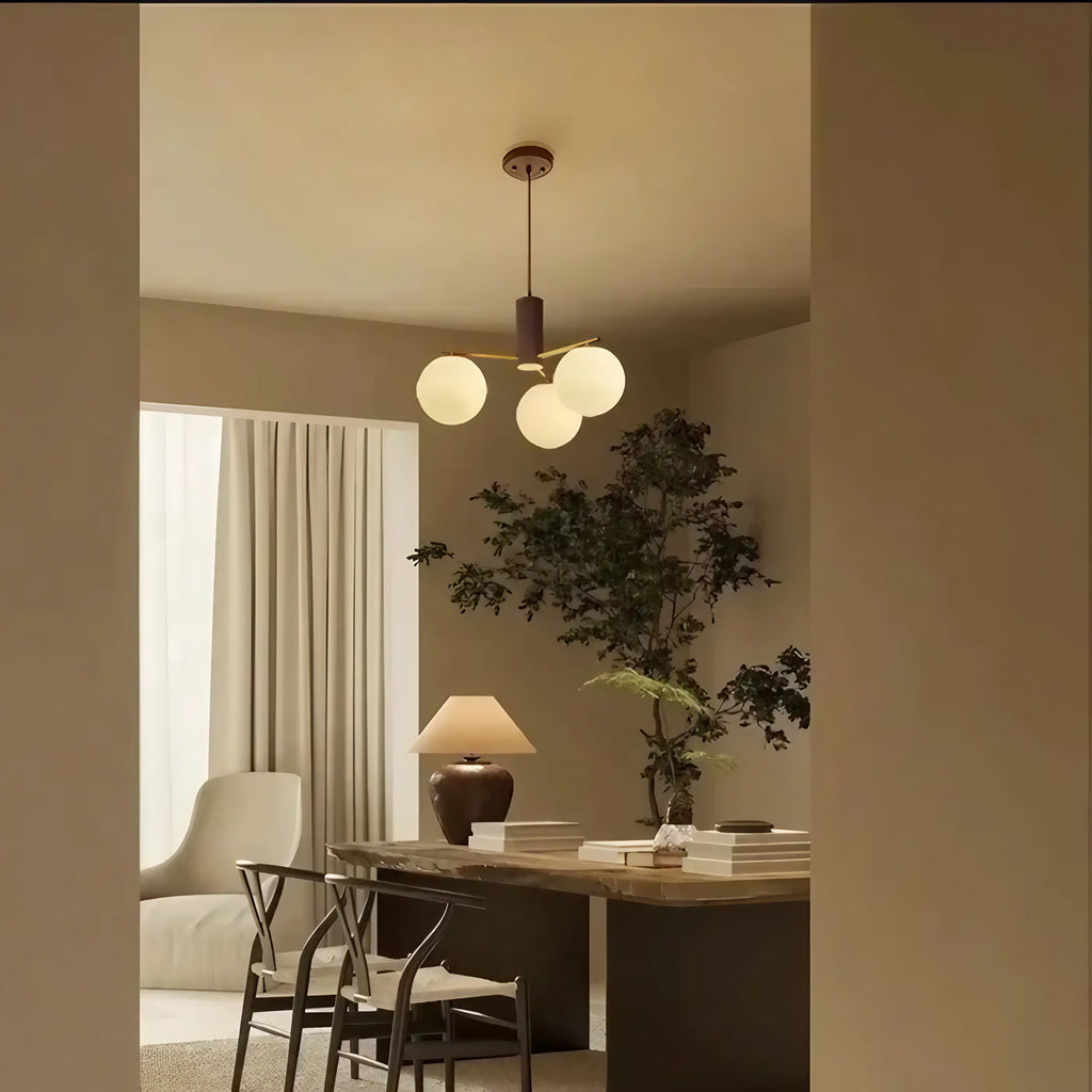 Suspension à sphères lumineuses et effet noyer, beige ou marron