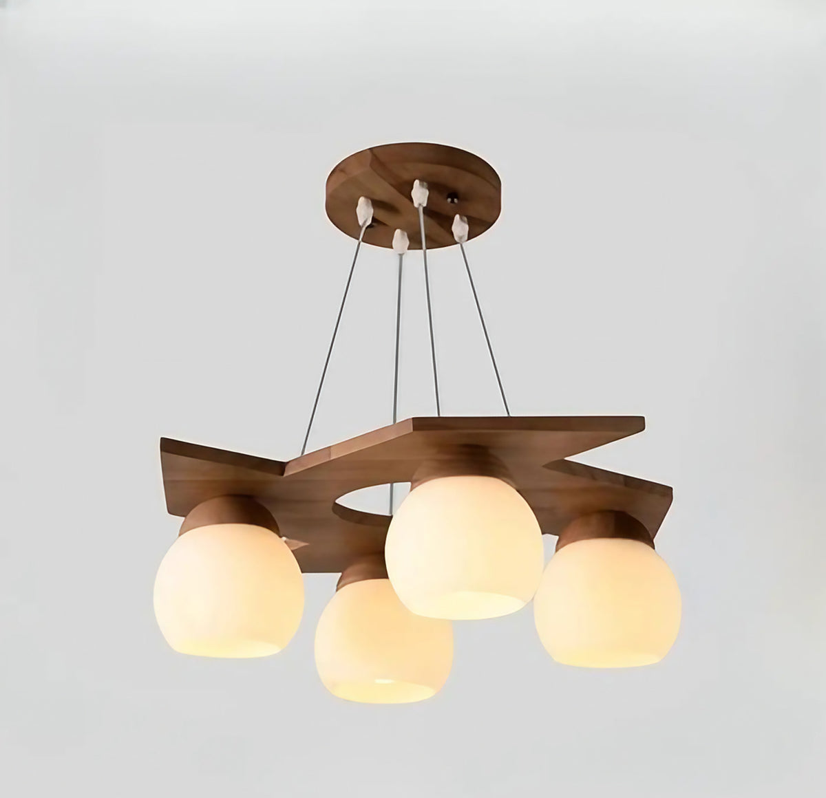 Suspension en bois à globes en verre opalin, marron