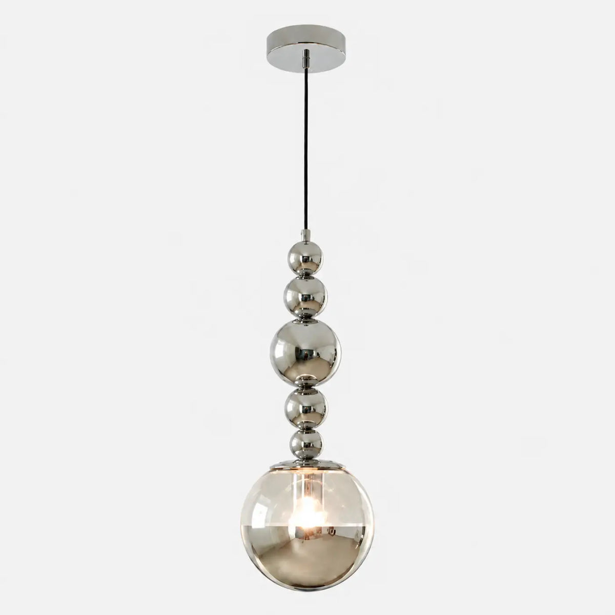 Suspension à sphères chromées et globe en verre opalin, gris