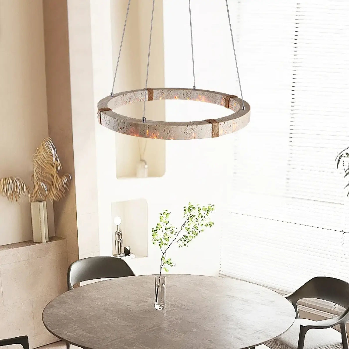 Suspension LED circulaire aspect travertin, trois tailles