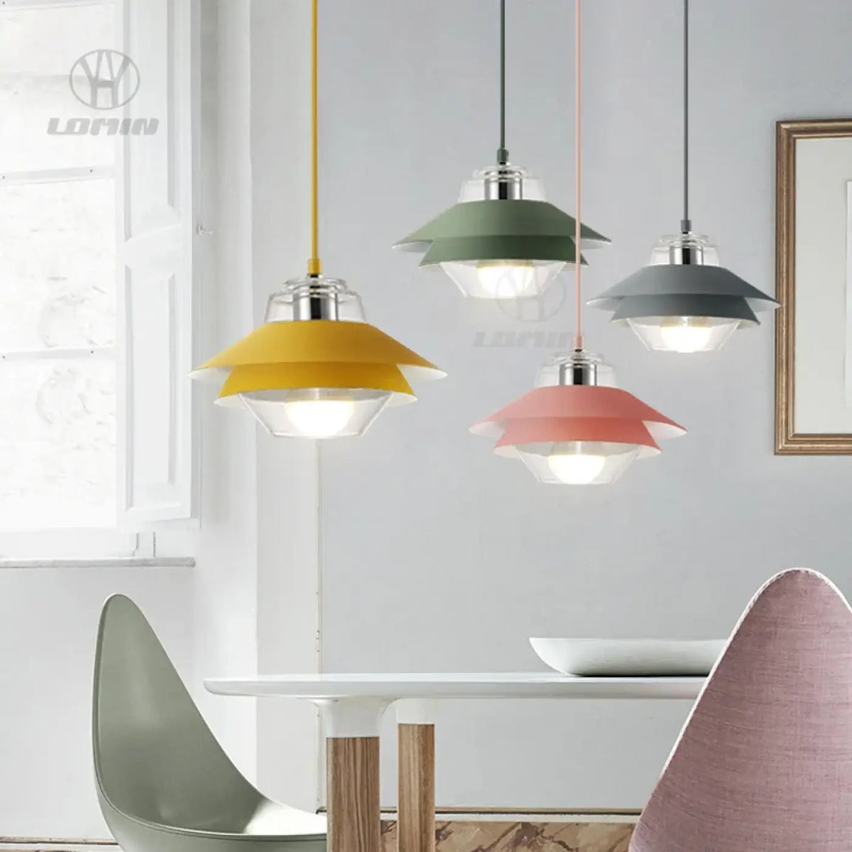 Suspension design à double abat-jour coloré, quatre coloris