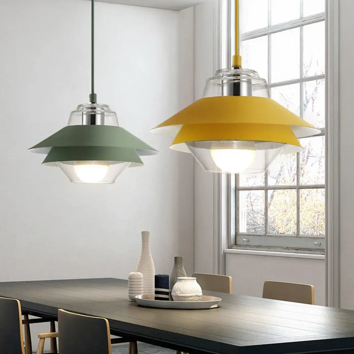 Suspension design à double abat-jour coloré, quatre coloris